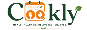 The logo for 'Cokly' features the word 'Cokly' in dark green, with an orange calendar icon containing a fork and spoon in the letter 'o', and a small green leaf on the letter 'y'. The tagline 'MEALS.