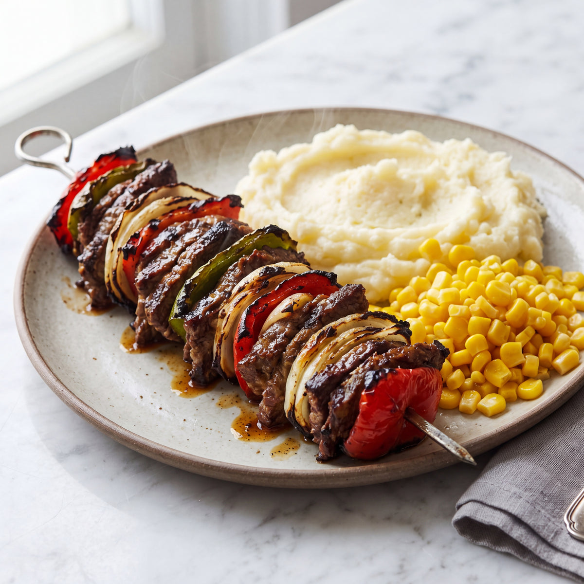 Juicy Beef Kebabs with Creamy Mash and Sweet Corn