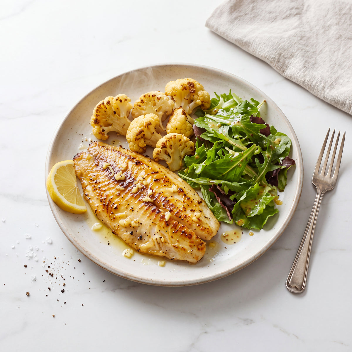 Lemon-Garlic Grilled Catfish with Roasted Cauliflower (with lemon butter sauce)