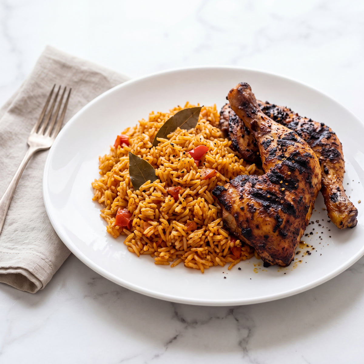 Nigerian Jollof Rice with Spiced Grilled Chicken Thighs