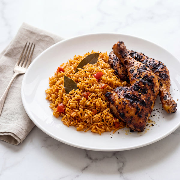 Nigerian Jollof Rice with Spiced Grilled Chicken Thighs