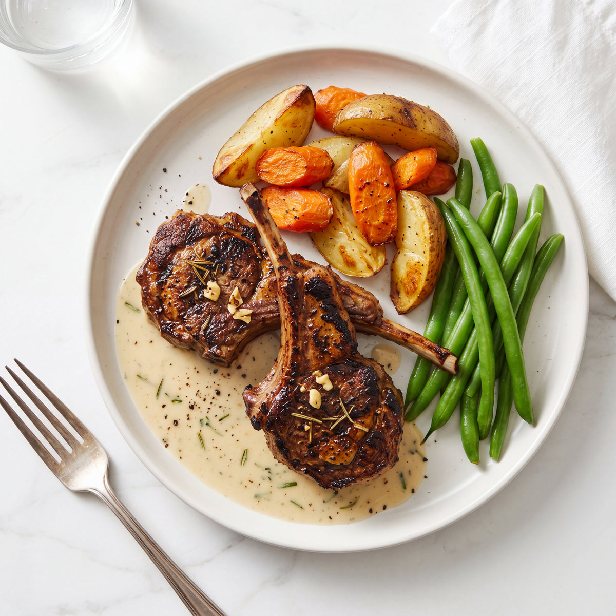 Rosemary Garlic Lamb Chops with Roasted Root Vegetables and Garlic Cream Sauce