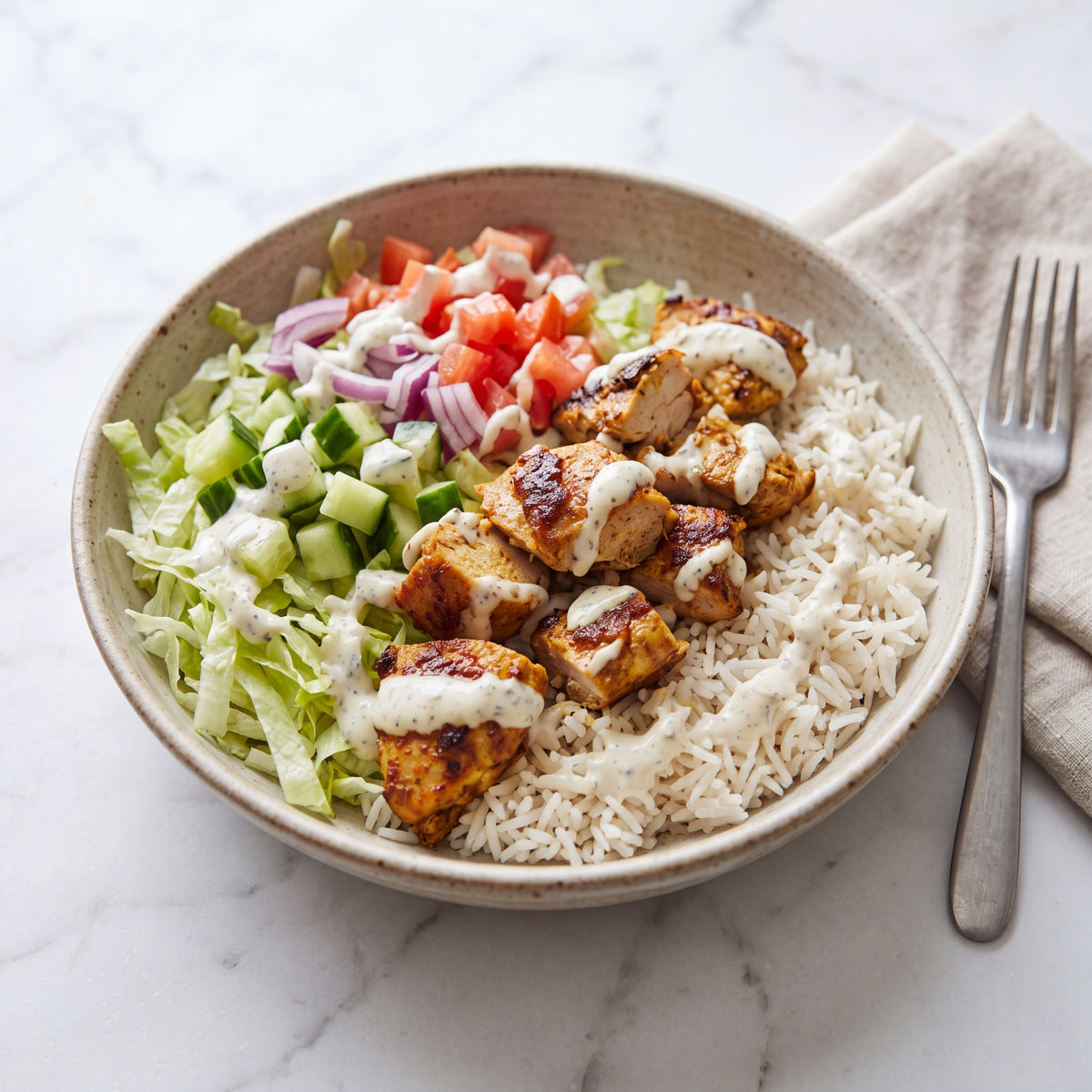 Spiced Chicken and Garlic Yogurt Rice Bowl