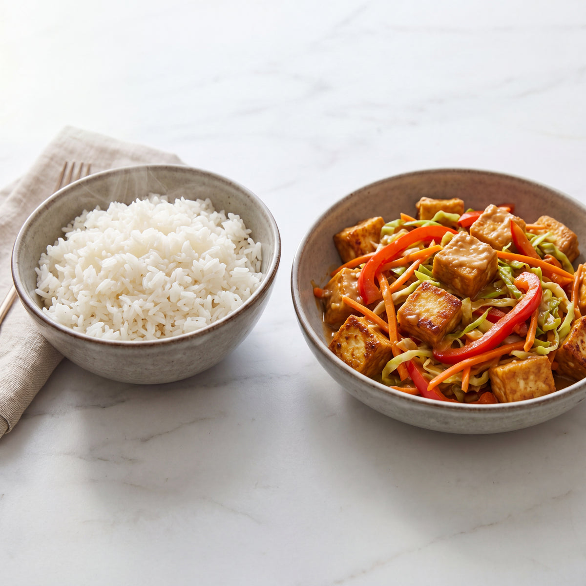 Zesty Peanut Tofu Stir-Fry with Steamed Rice
