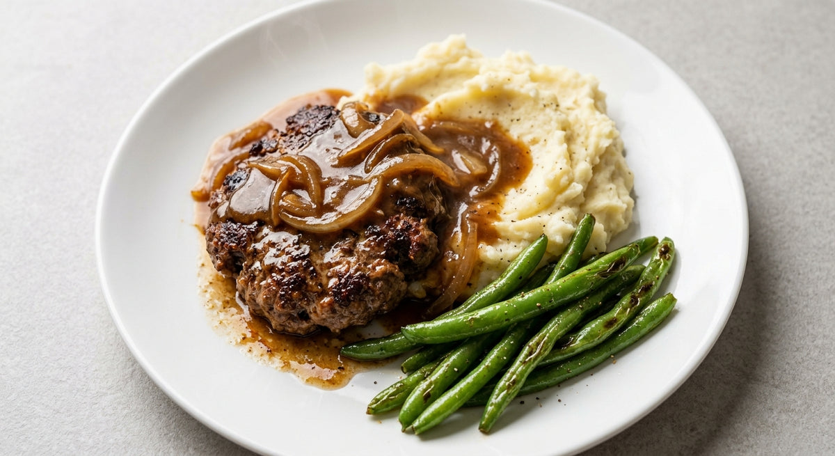 Homestyle Beef Patty with Mushroom Gravy, Creamy Mash & Sautéed Green Beans