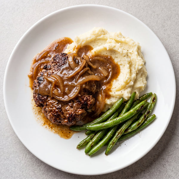 Homestyle Beef Patty with Mushroom Gravy, Creamy Mash & Sautéed Green Beans
