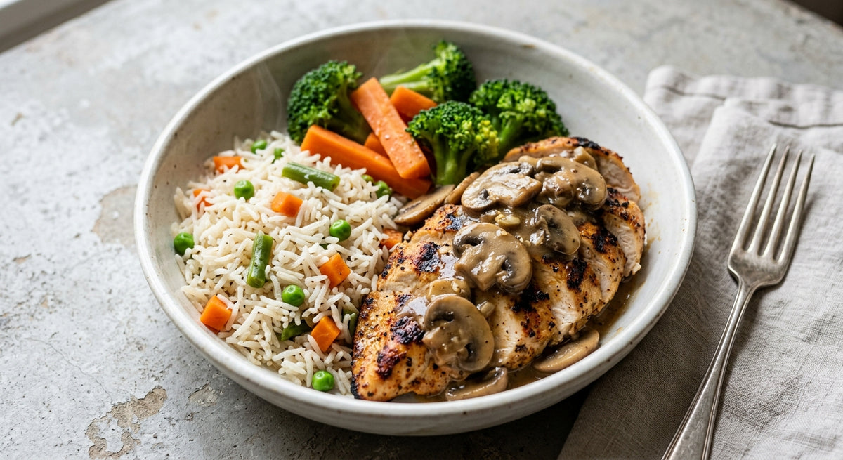 Grilled Chicken Breast with Mushroom Gravy, Vegetable Basmati Rice & Steamed Vegetables