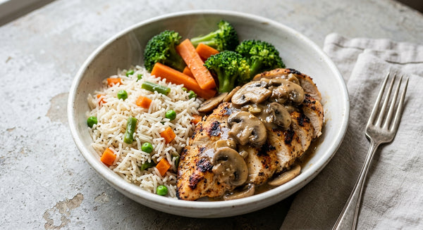 Grilled Chicken Breast with Mushroom Gravy, Vegetable Basmati Rice & Steamed Vegetables