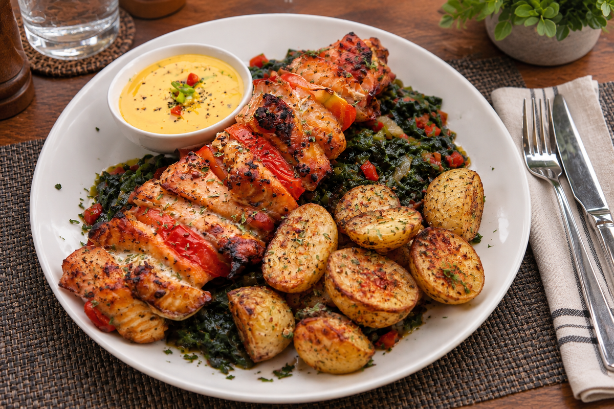 Salmon Kebab with Herb-Roasted Potatoes, Sautéed Spinach Vegetables & Mango Butter Sauce
