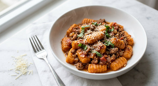Sweet Potato Gnocchi Pomodoro with Ground Meat, Parmesan & Basil